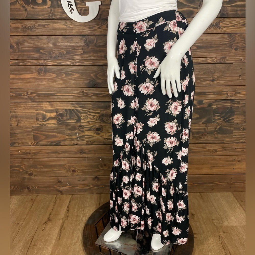 Japna Floral High Low Maxi Skirt Roses Multi Button Down Ruched Ruffle Split Hem